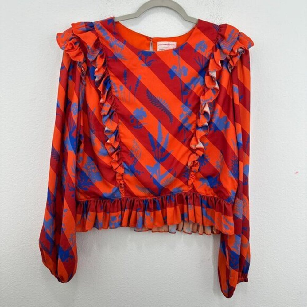 Siddhartha Bansal Orange Blue Ruffle Floral Print Striped Blouse Top Long Sleeve